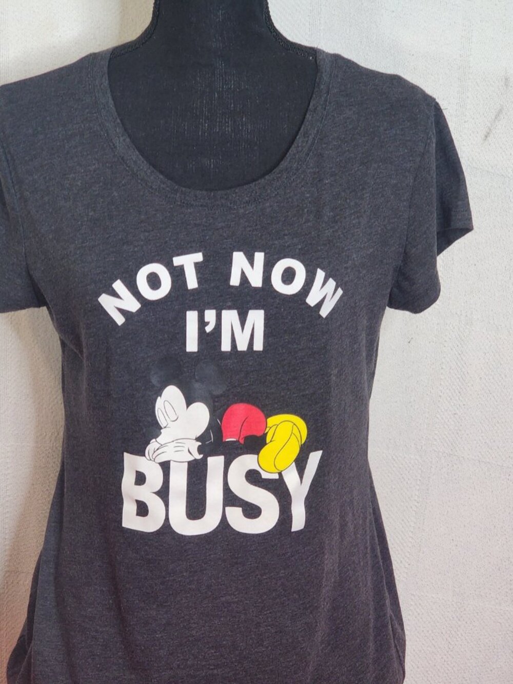 Disney Grey Black Mickey Mouse Graphic Not Now I'm Busy SS Cotton Poly Tee Sz XL - Picture 4 of 16